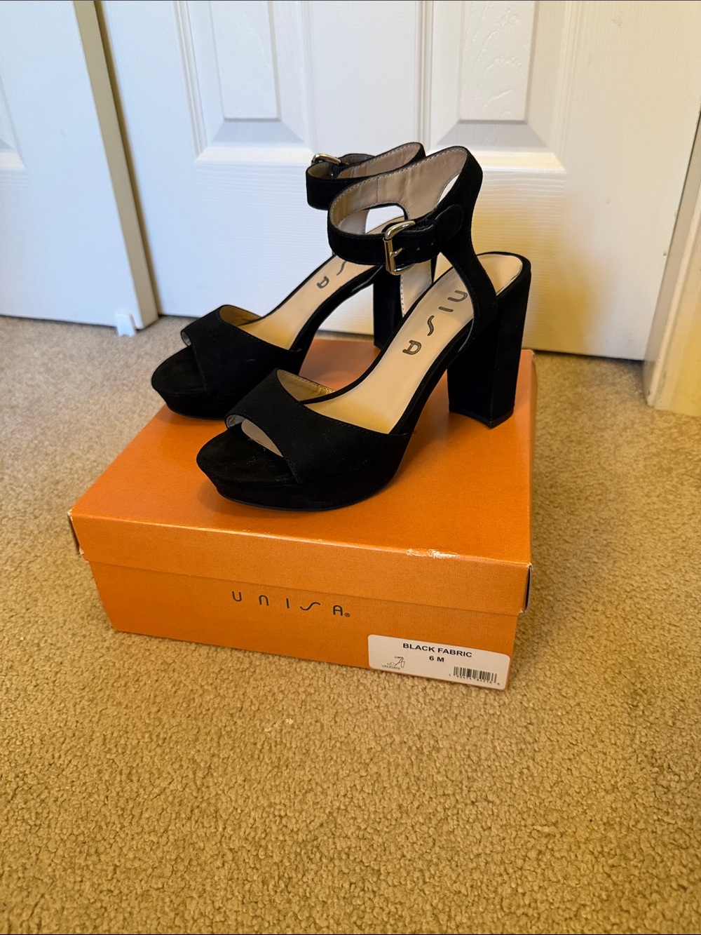 Unisa Black Suede Block Heel Sandals with Ankle Buckle